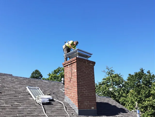 East Bridgewater Chimney Sweep technician measuring a chimney cap in East Bridgewater, MA
