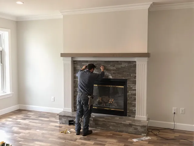 East Bridgewater Chimney Sweep finishing a custom fireplace install in East Bridgewater, MA